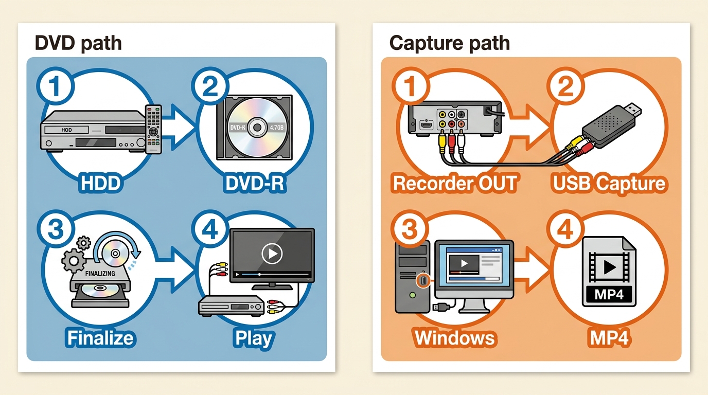 Legacy recorder HDD export to finalized DVD or MP4 through USB capture