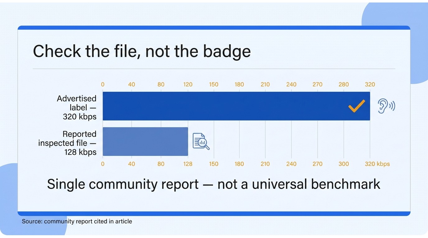 Bar chart comparing an advertised 320 kbps label with a reported 128 kbps inspected file in one cite