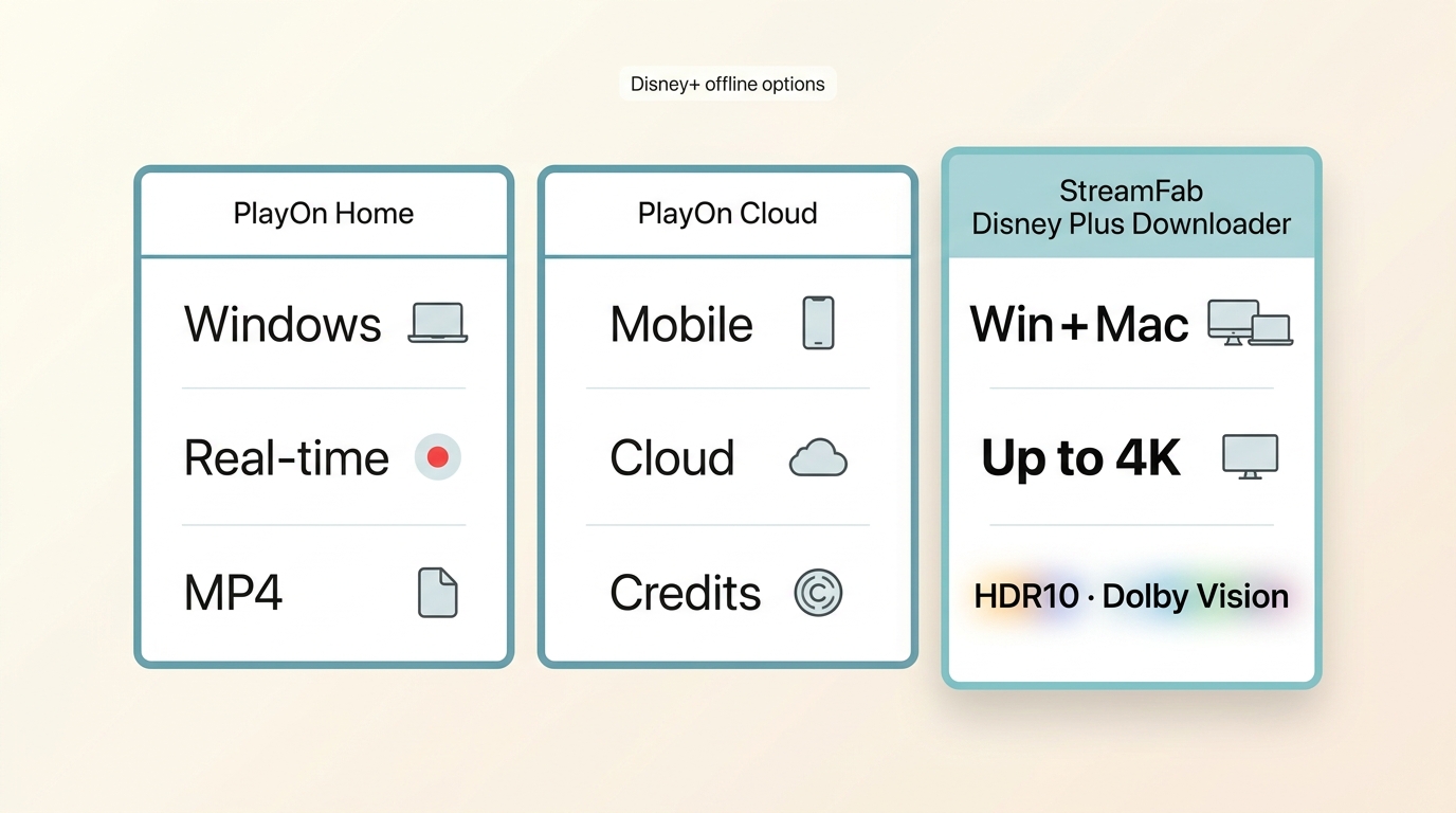 Comparison of PlayOn Home, PlayOn Cloud, and StreamFab for Disney+ offline files