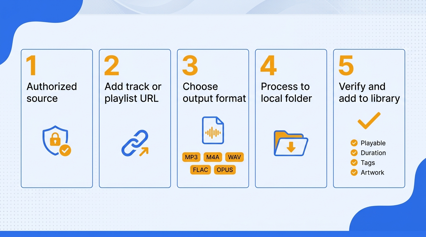 Five-step timeline from an authorized SoundCloud source to a verified local audio file on a Mac.