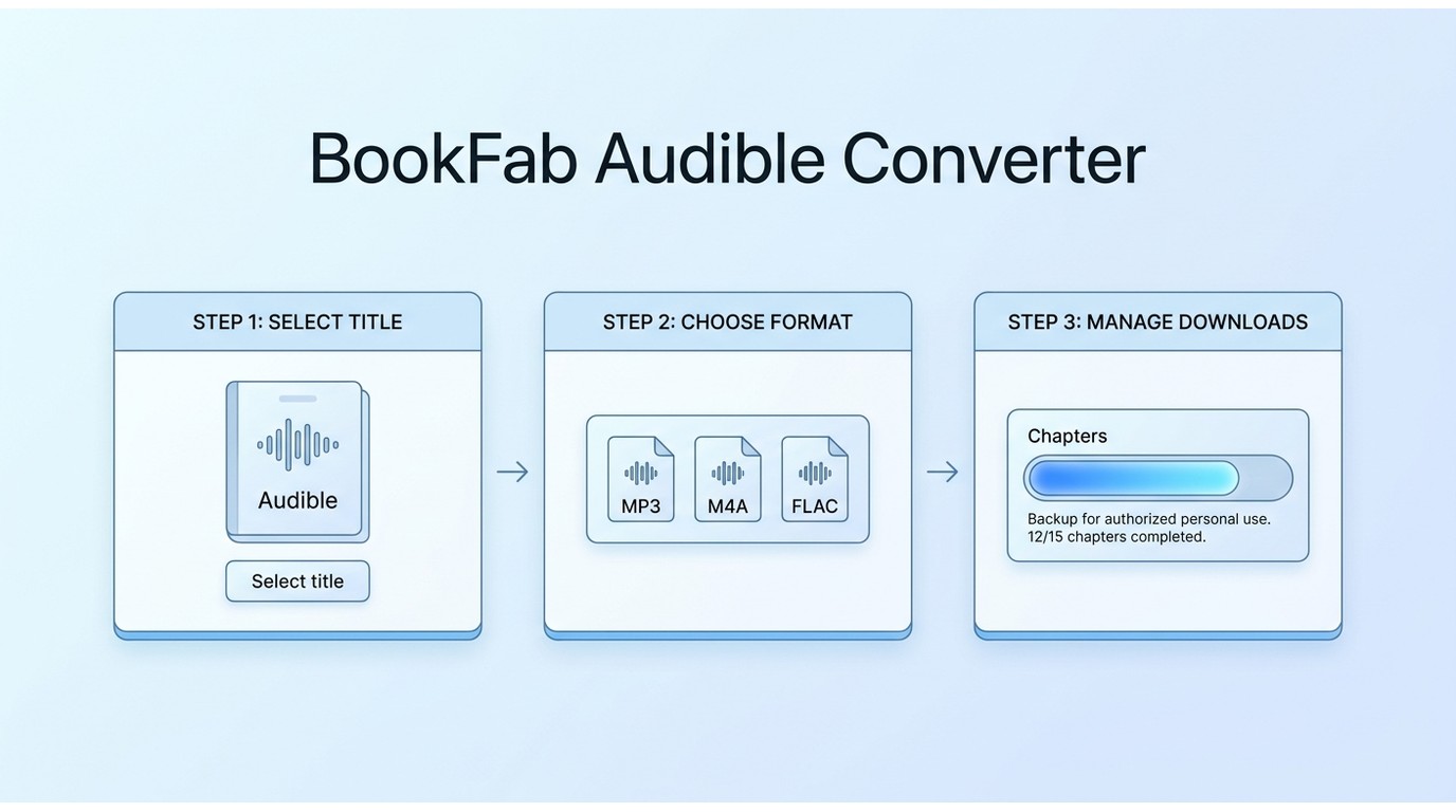 BookFab workflow for selecting, converting, and finding Audible files