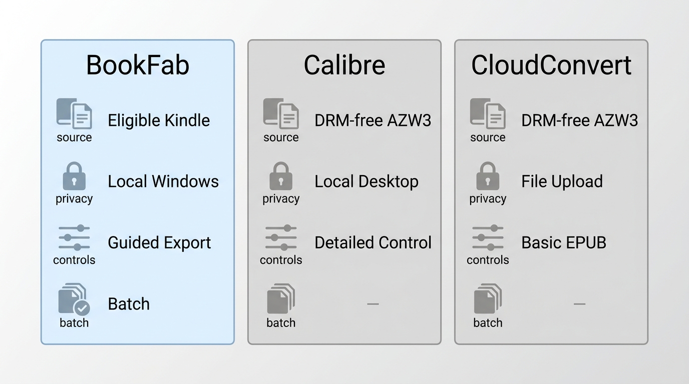Comparison of BookFab, Calibre, and CloudConvert for AZW3 source support, privacy, controls, and bat