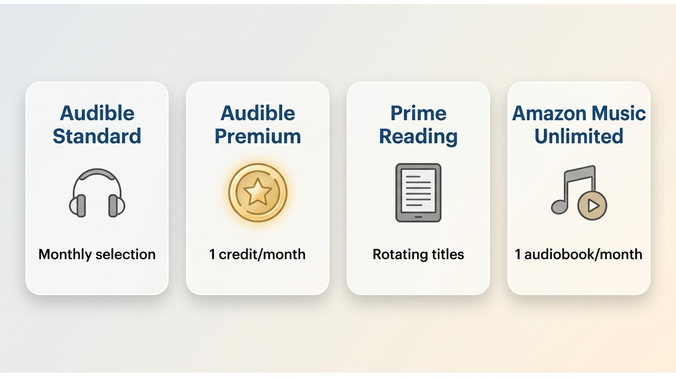 Comparison of Audible, Prime Reading, and Amazon Music access