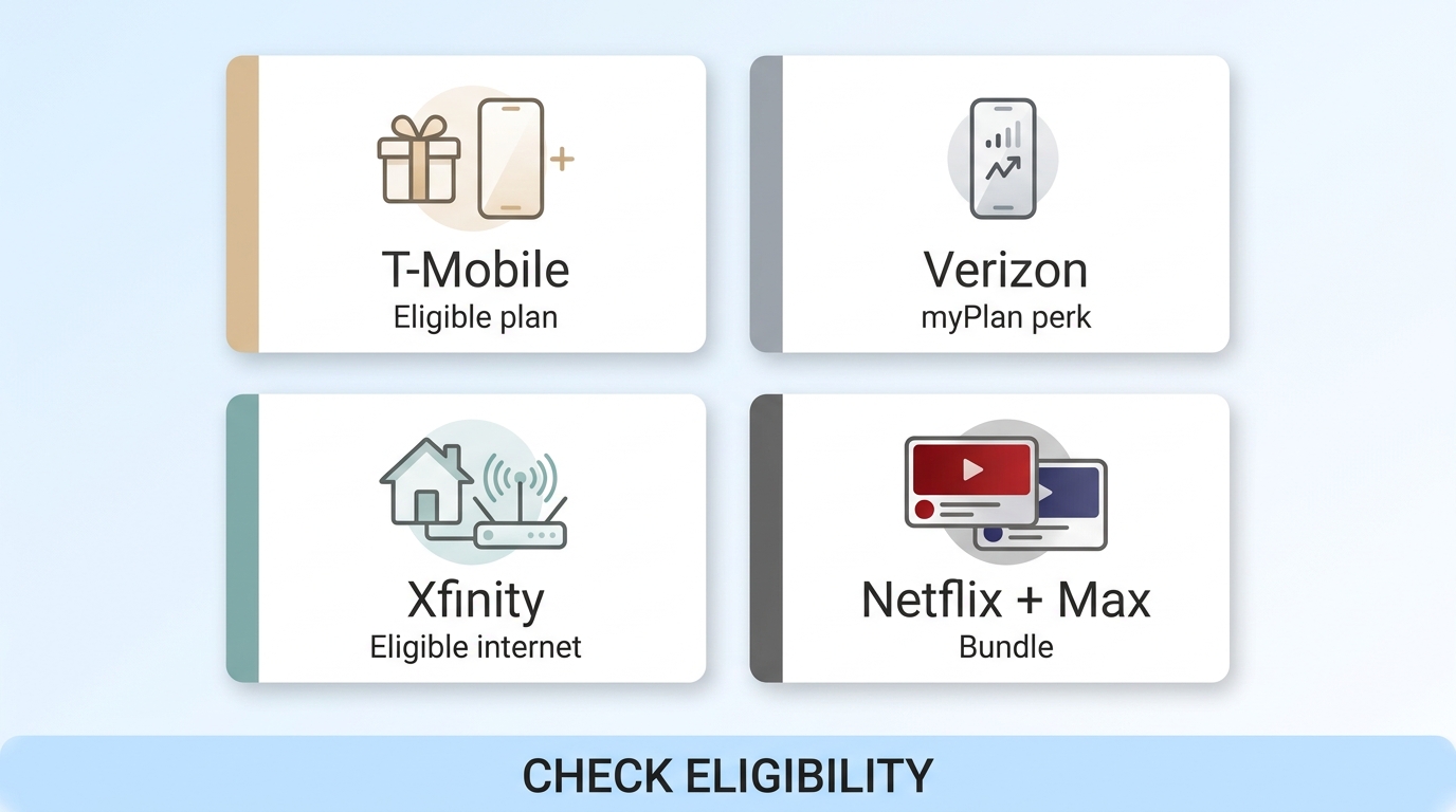 Comparison of T-Mobile, Verizon, Xfinity or Comcast, and Netflix + Max bundle eligibility for Netfli