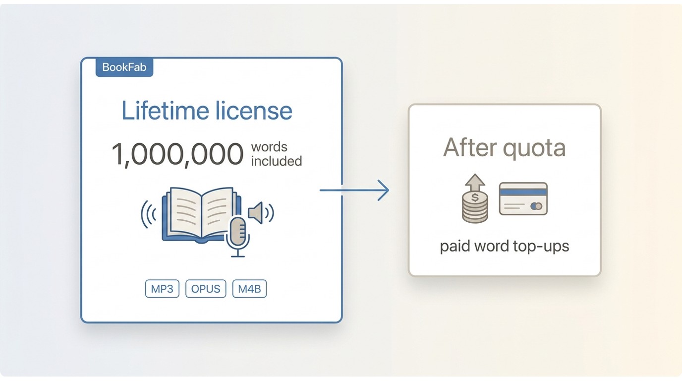 BookFab license quota showing 1,000,000 included words and paid top-ups