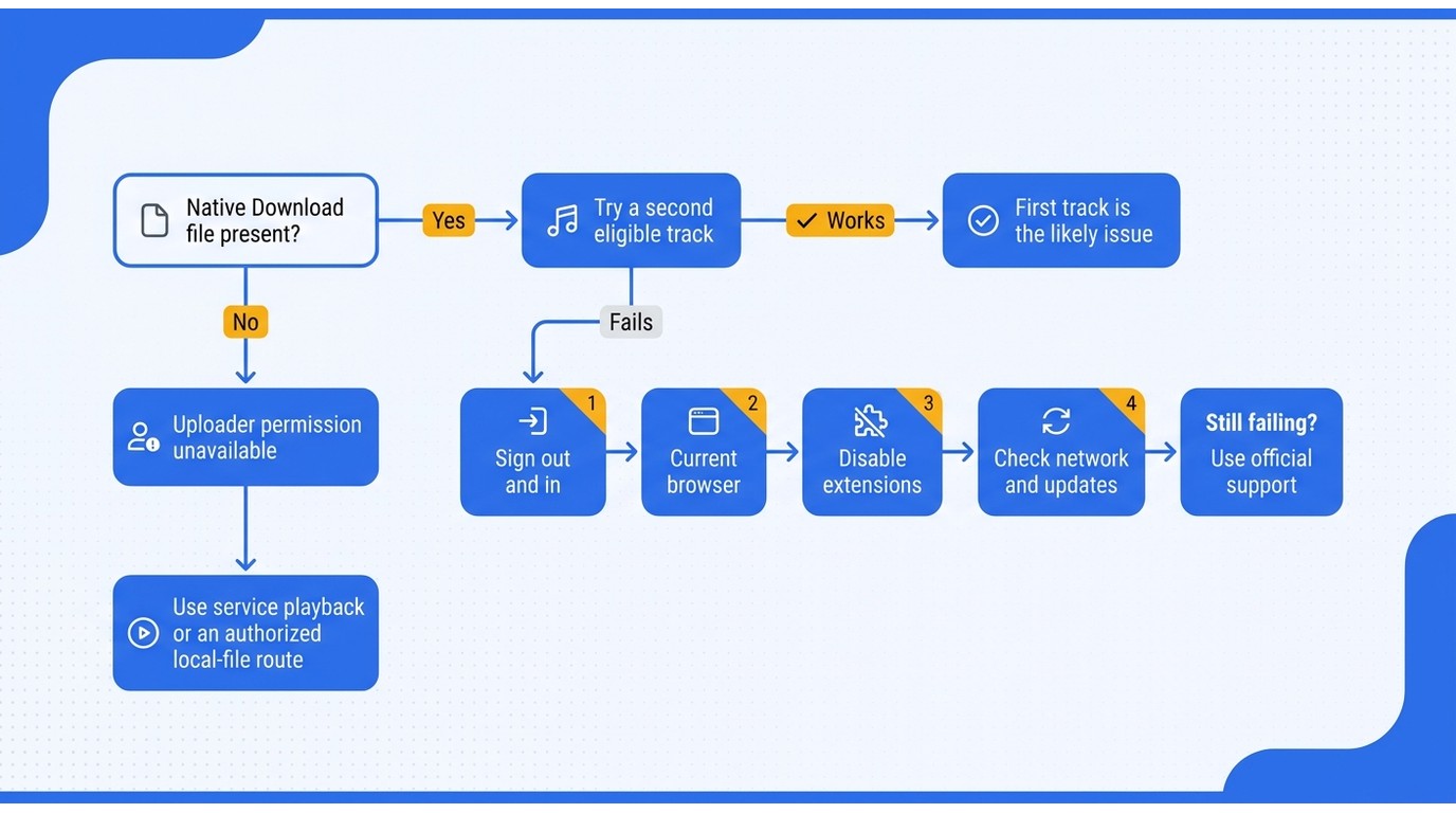Diagnostic flowchart for a missing or unresponsive SoundCloud download button on a Mac.