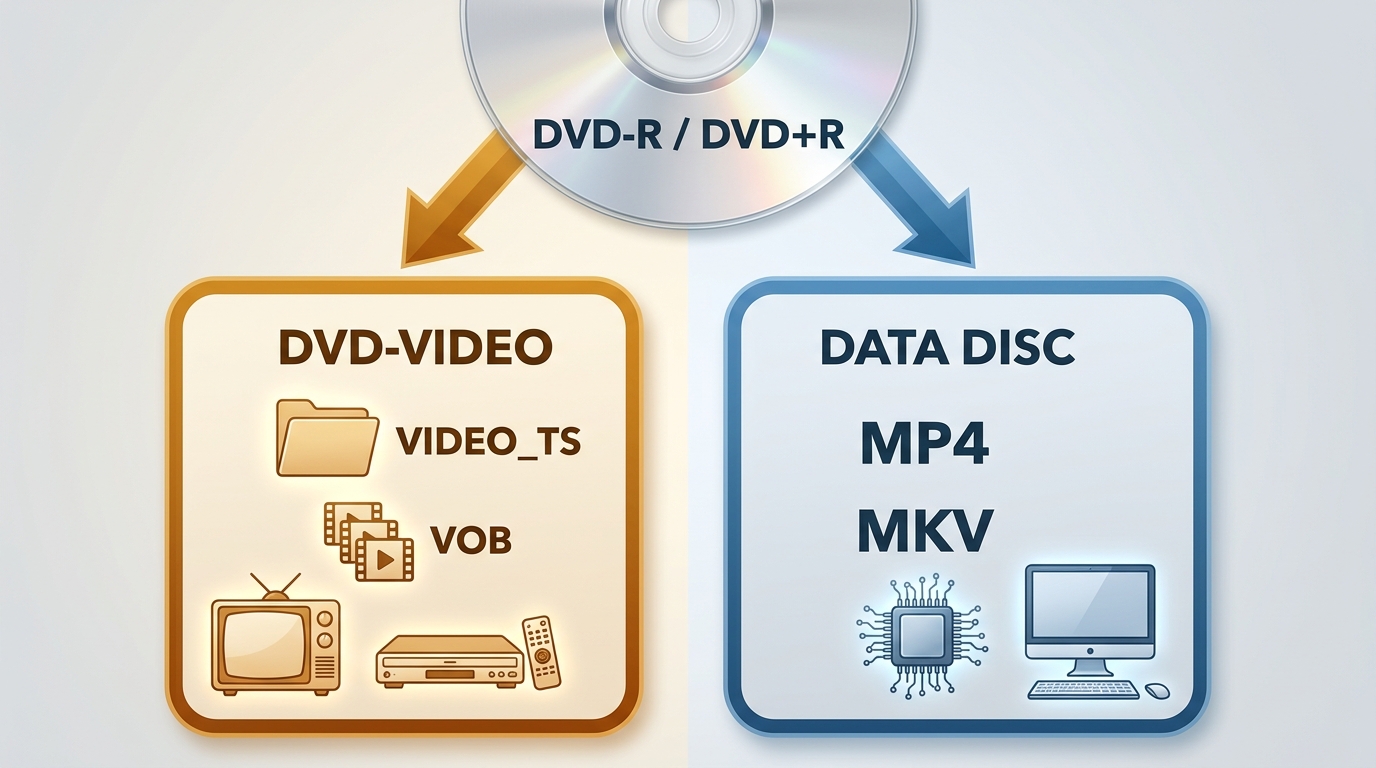 DVD-R media can contain either DVD-Video files for players or MP4 and MKV data files for computers.