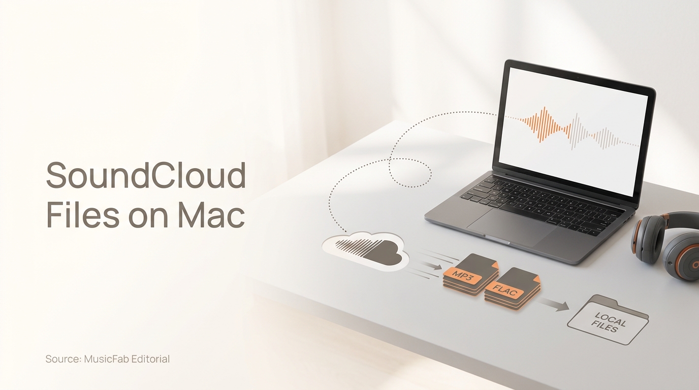 Unbranded laptop beside headphones and generic audio-file cards illustrating SoundCloud access versu