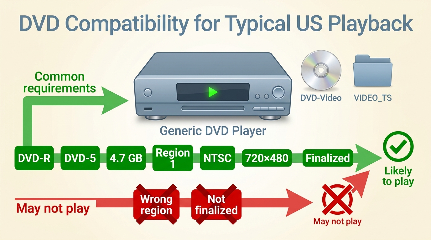 US DVD playback requires compatible media, DVD-Video authoring, Region 1, NTSC, and finalization.