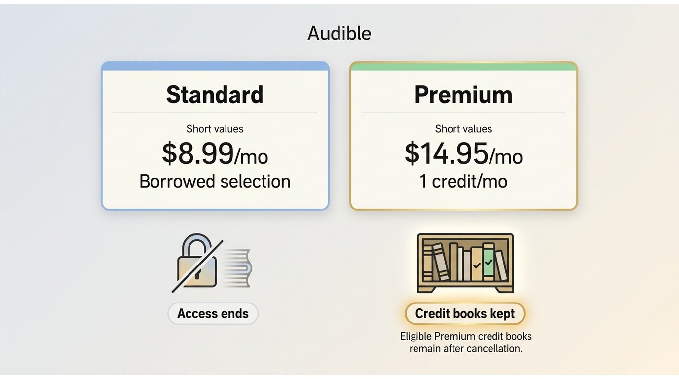 Audible Standard and Premium pricing and cancellation comparison