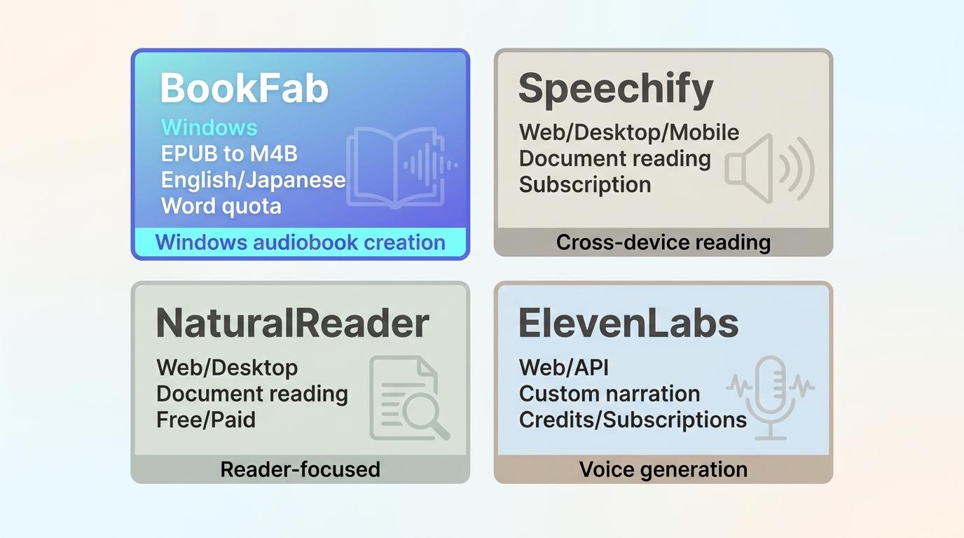 Comparison of BookFab, Speechify, NaturalReader, and ElevenLabs