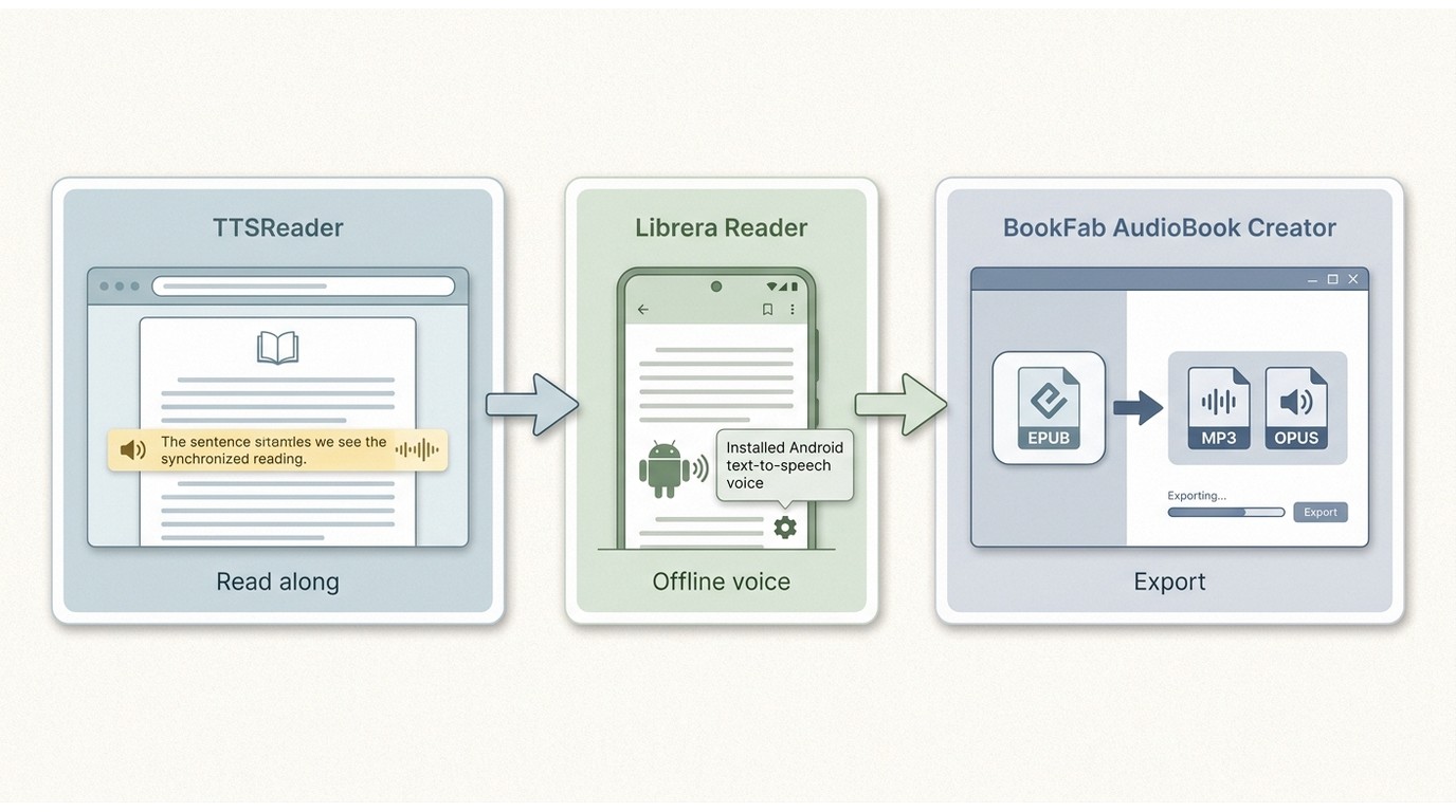 TTSReader read-along, Librera offline Android speech, and BookFab MP3 or OPUS export