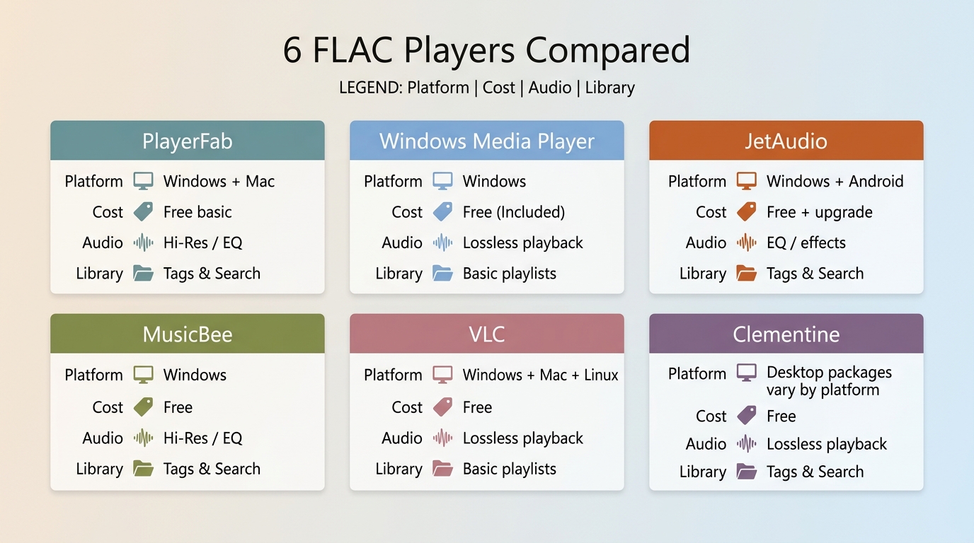 Six FLAC players compared by platform, cost, and library tools