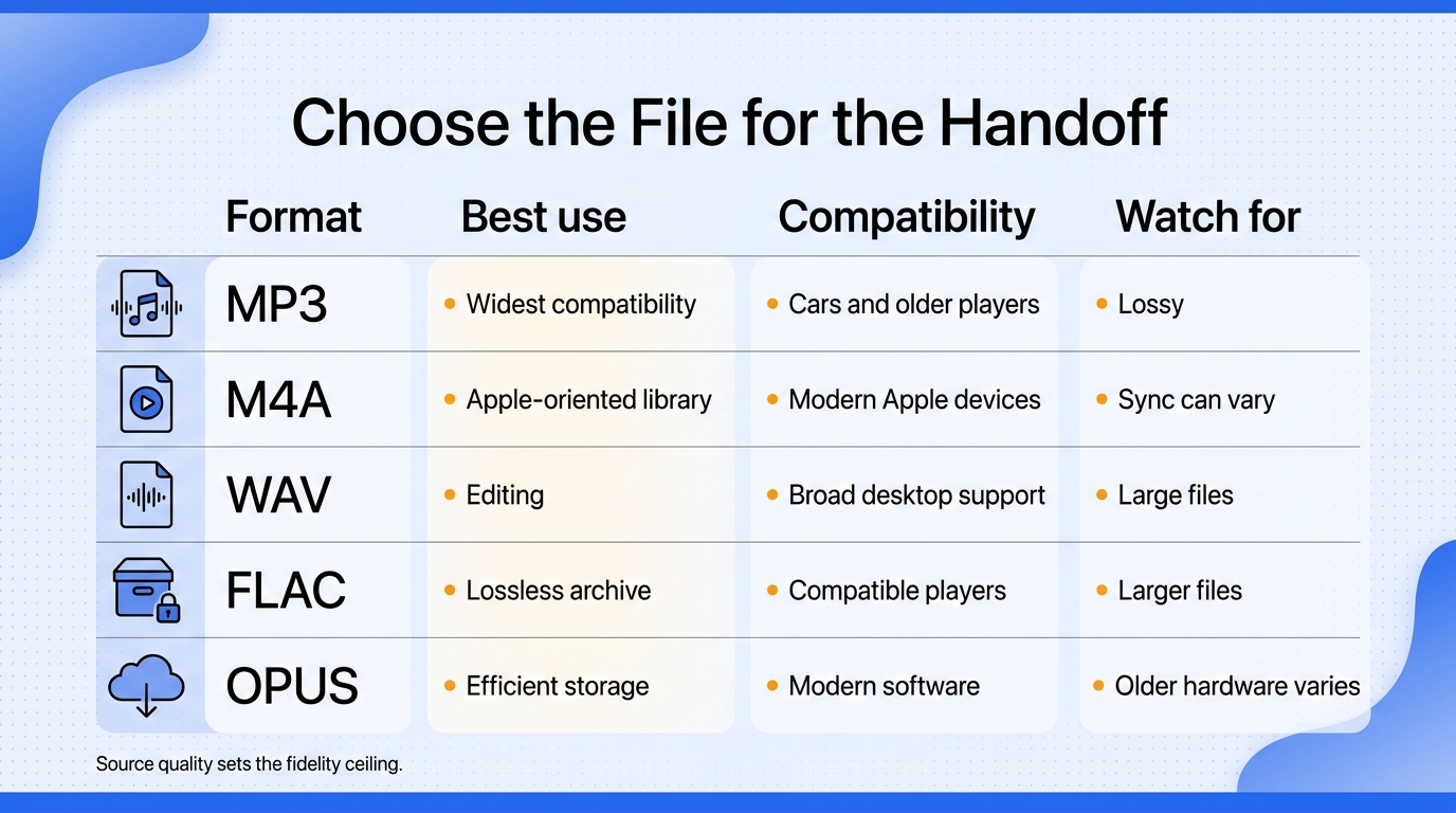 Comparison matrix matching MP3, M4A, WAV, FLAC, and OPUS to common playback and library needs.