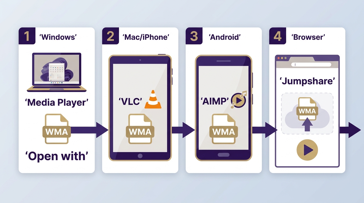 WMA playback routes using Media Player, VLC, AIMP, and Jumpshare by device