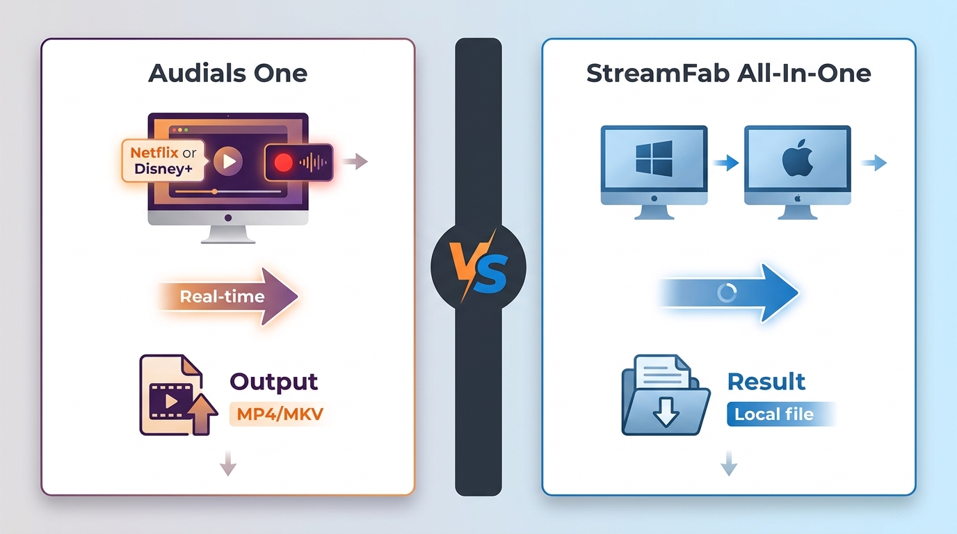 Audials One recording compared with StreamFab local-file workflow on Windows and Mac