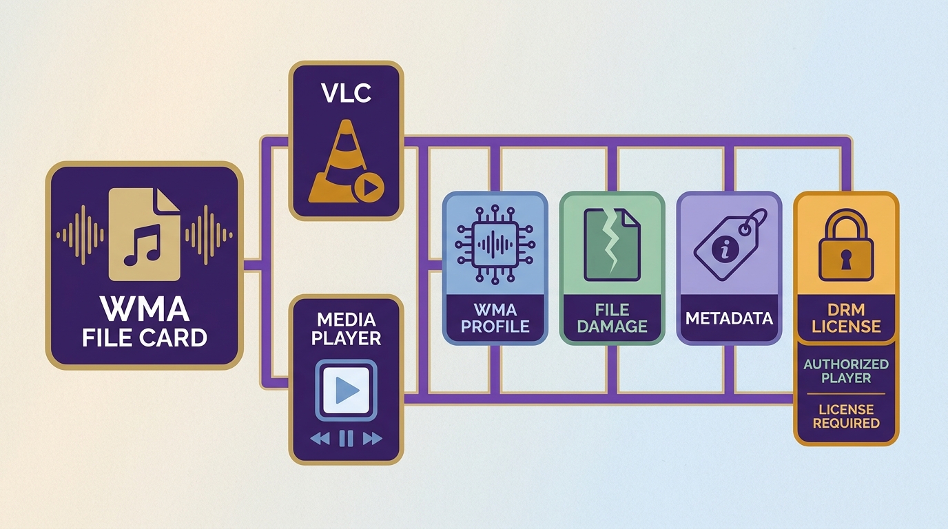 WMA troubleshooting checks for codec, damaged files, metadata, and DRM licenses
