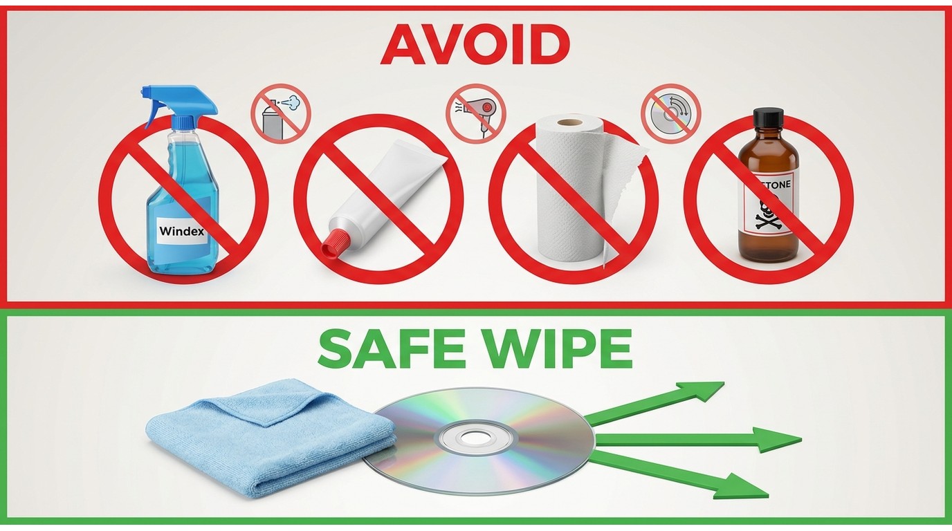 Unsafe disc-cleaning items and circular wiping compared with microfiber center-to-Edge cleaning.
