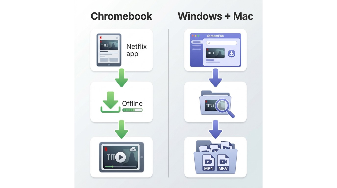 Netflix Chromebook downloads versus StreamFab files on Windows and Mac