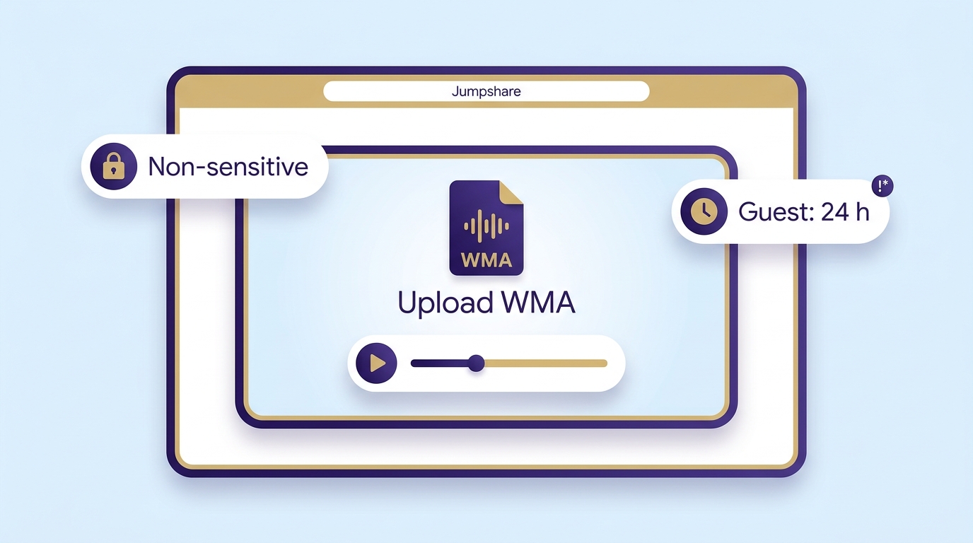 Jumpshare WMA upload and preview workflow with 24-hour guest file retention