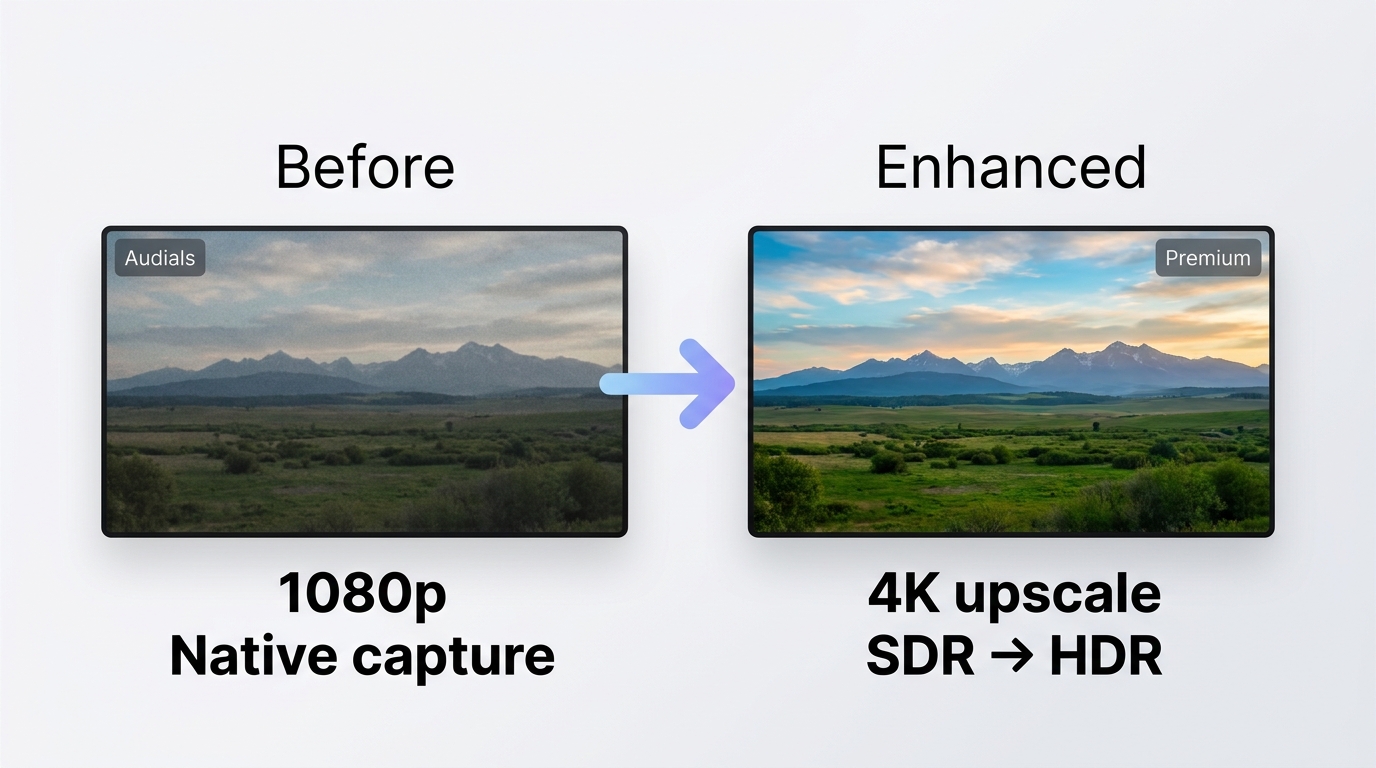 Audials One 2026 workflow from 1080p recording to Premium 4K enhancement