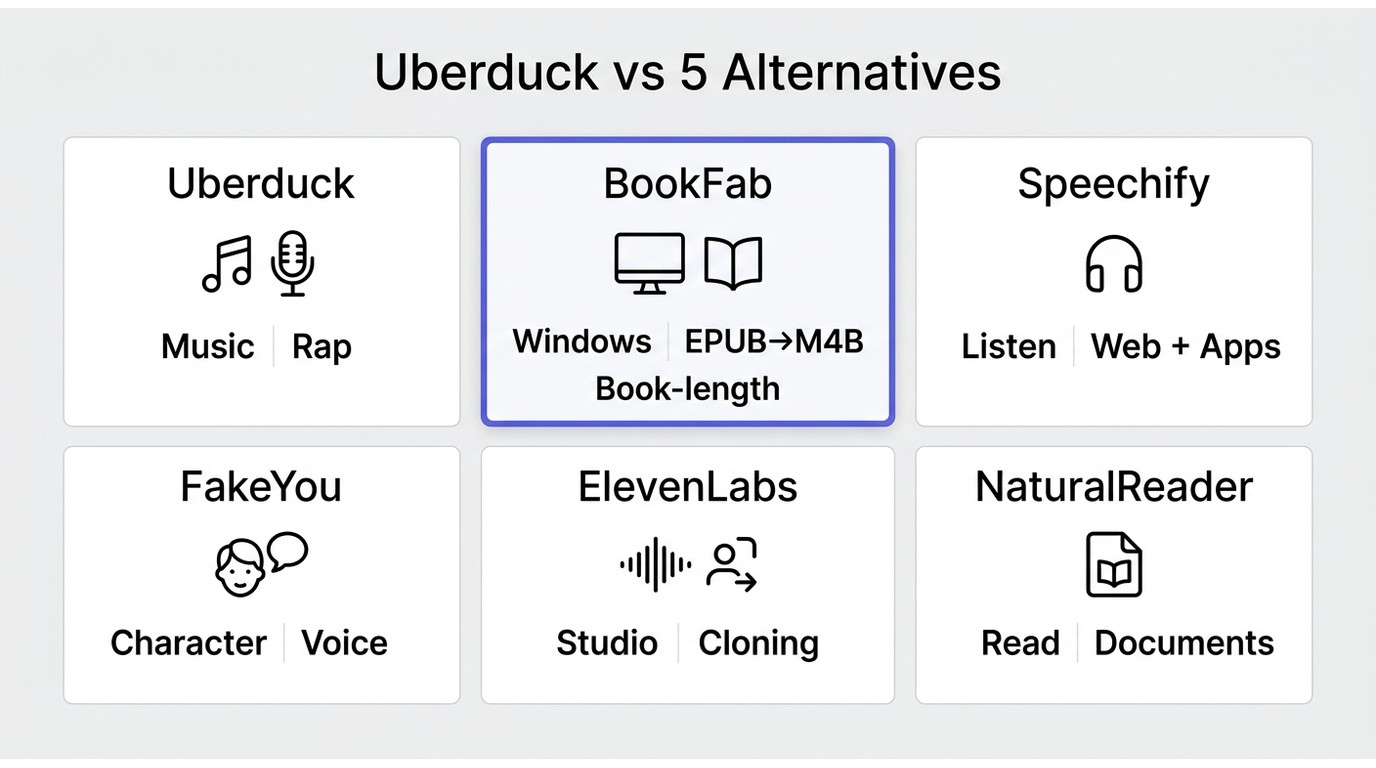 Comparison of Uberduck, BookFab, Speechify, FakeYou, ElevenLabs, and NaturalReader by use case and p
