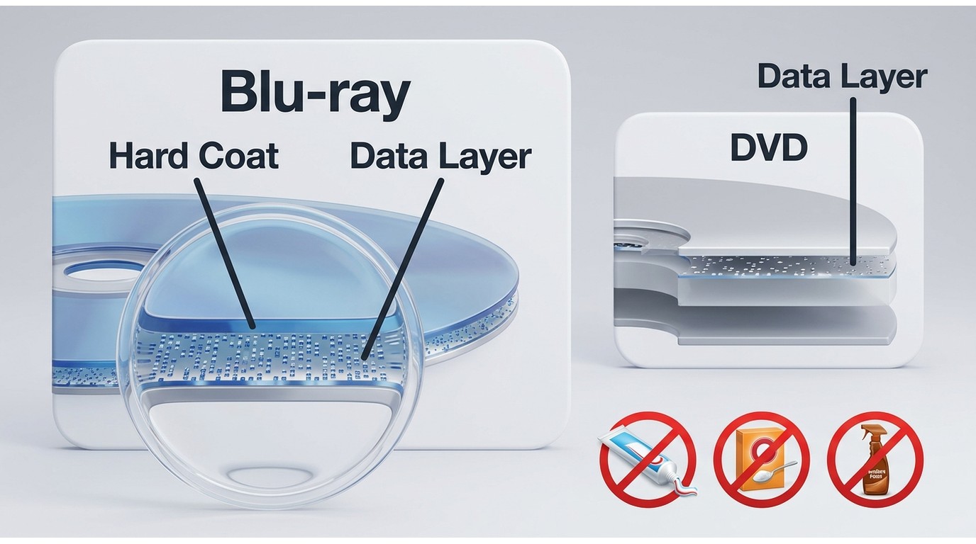 Blu-ray and DVD layer comparison showing why abrasive cleaners can damage Blu-ray data.