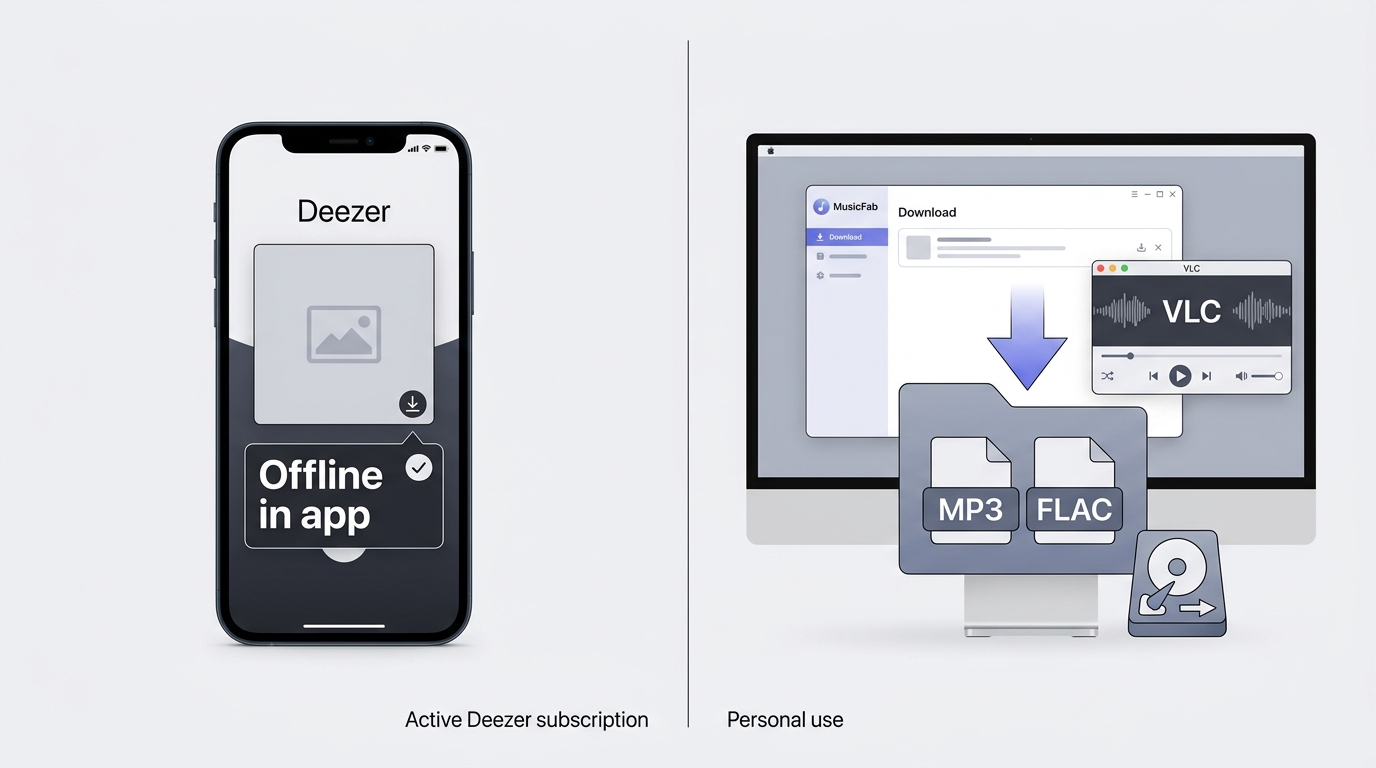 Deezer offline playlists stay in the app, while MusicFab saves MP3 or FLAC files for VLC.