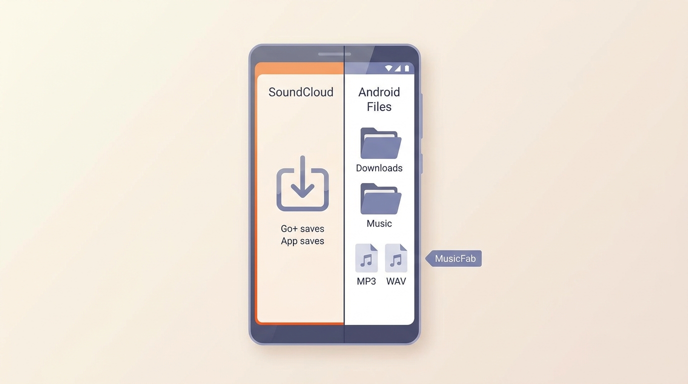 SoundCloud Go+ saves stay in the app while MP3 and WAV files appear in Android folders