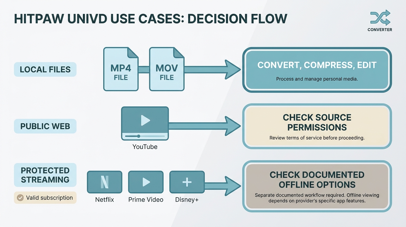 HitPaw Univd use cases for local files, YouTube, and protected streaming services