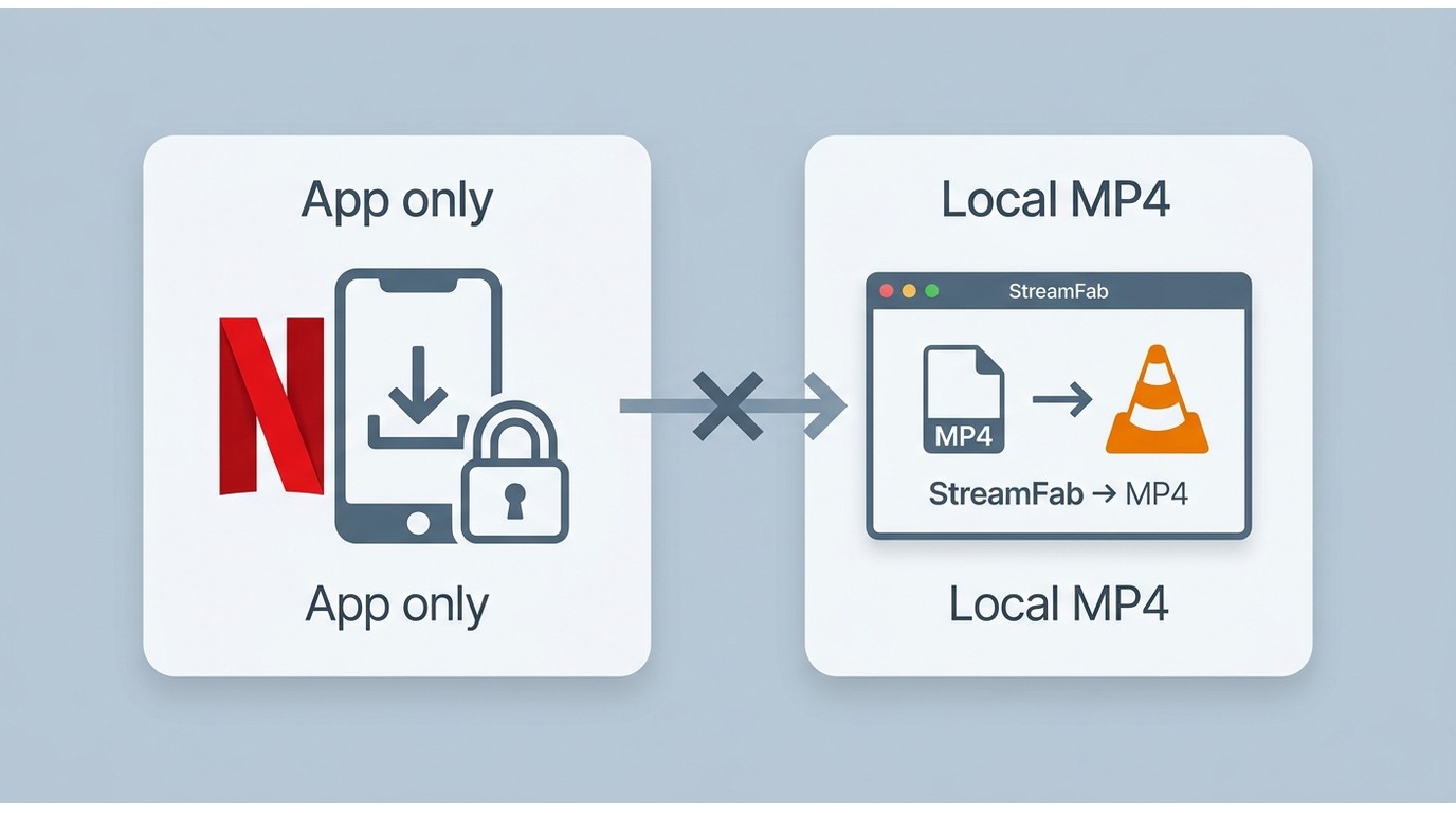 Netflix app downloads stay in the app, while local MP4 files play in VLC.