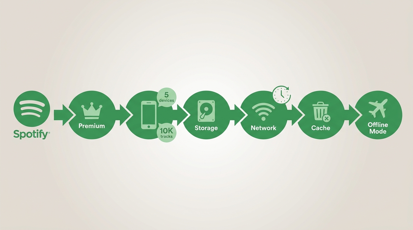 Spotify download troubleshooting flow from Premium checks to Offline Mode