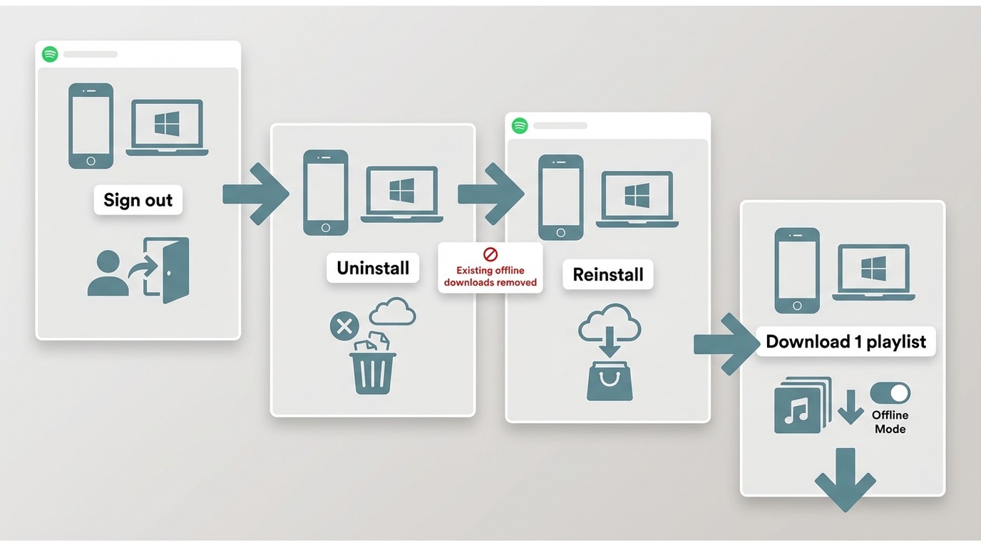 Spotify reinstall sequence showing sign-out, removal, fresh install, and re-download