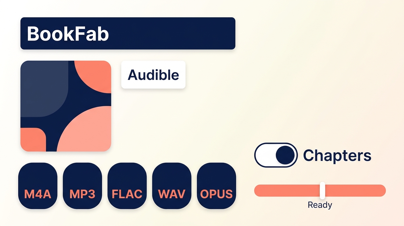 BookFab Audible Converter selecting an Audible book with format and chapter export options
