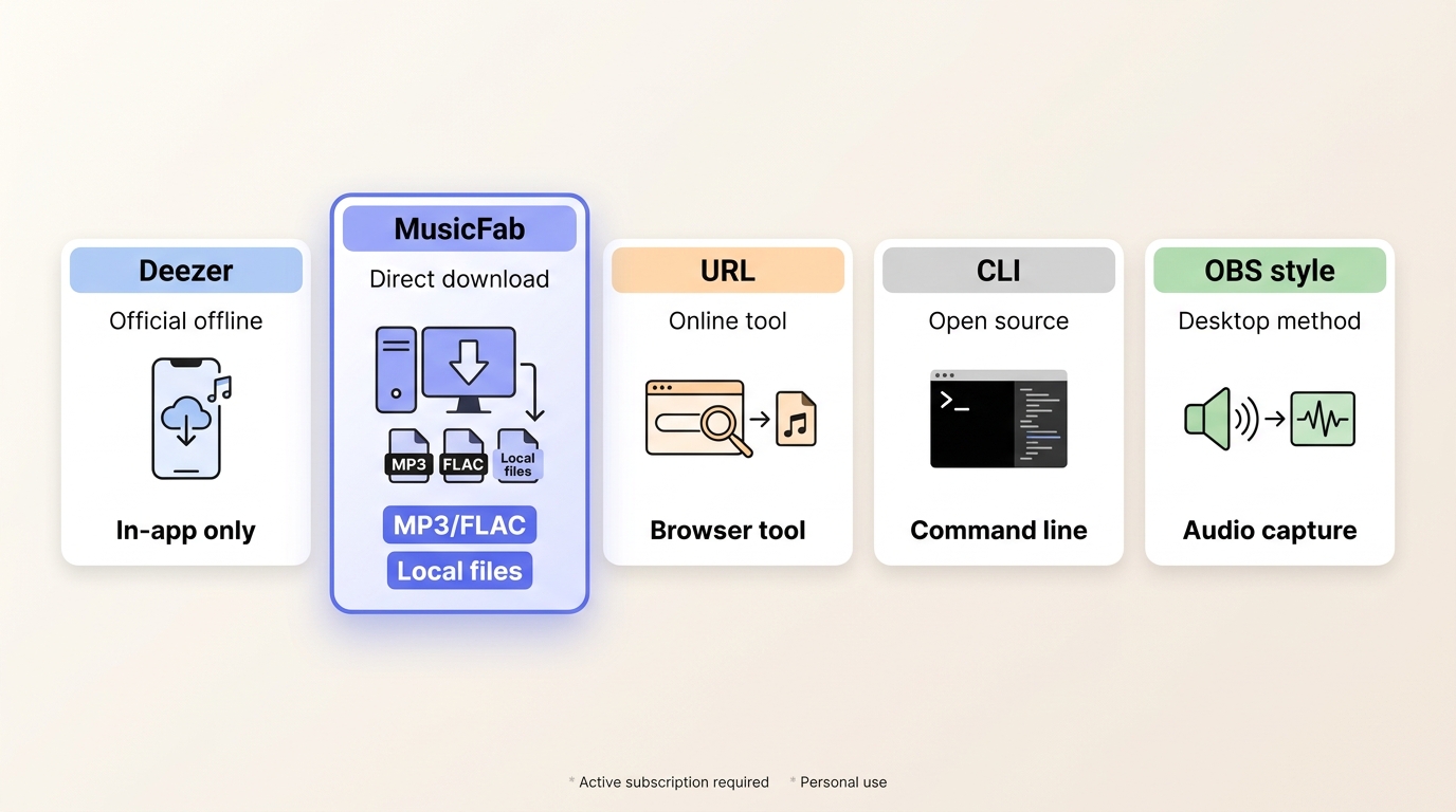 Comparison of Deezer offline mode, MusicFab, URL tools, command-line tools, and audio capture.