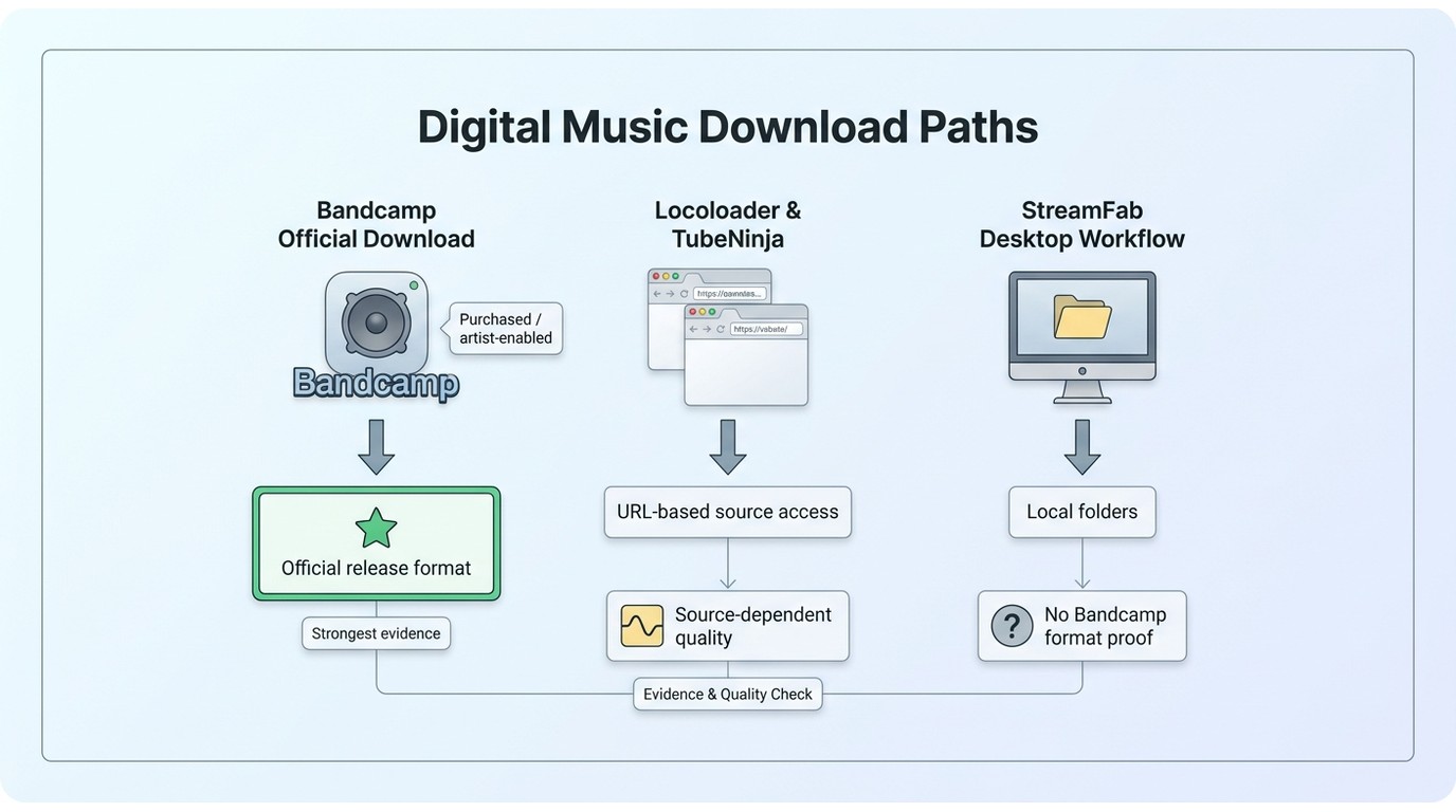 Comparison of Bandcamp, Locoloader, TubeNinja, and StreamFab workflows