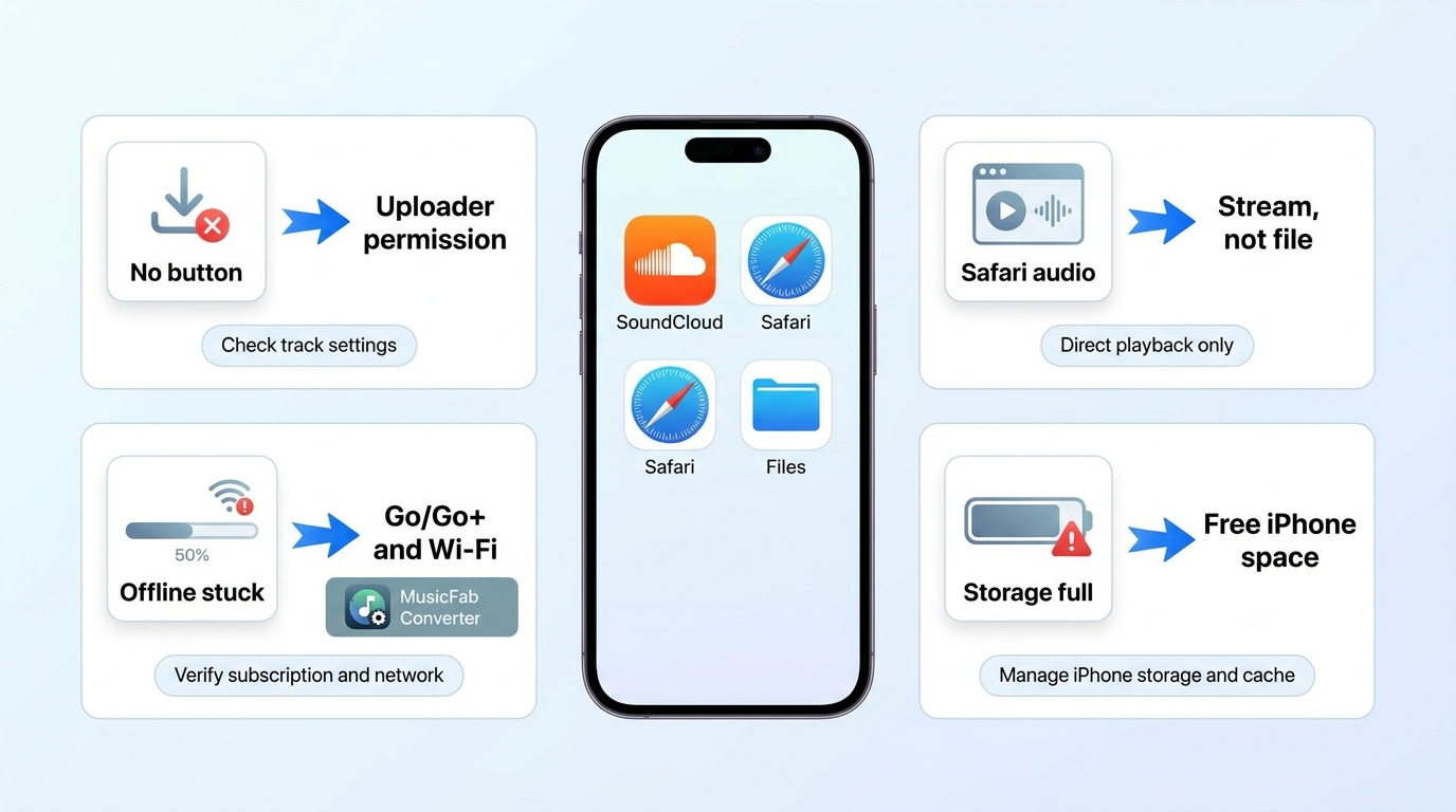 SoundCloud iPhone troubleshooting for file permissions, offline playback, and storage