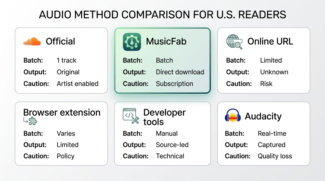 Comparison of SoundCloud PC download methods by batch support, output control and caution