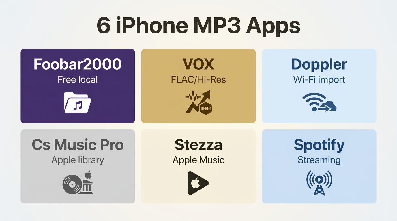Comparison of Foobar2000, VOX, Doppler, Cs Music Pro, Stezza, and Spotify for iPhone MP3 playback
