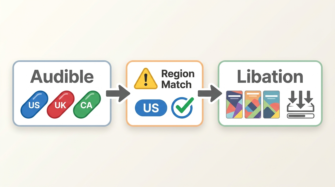 Libation workflow matching an Audible marketplace before scanning a library batch