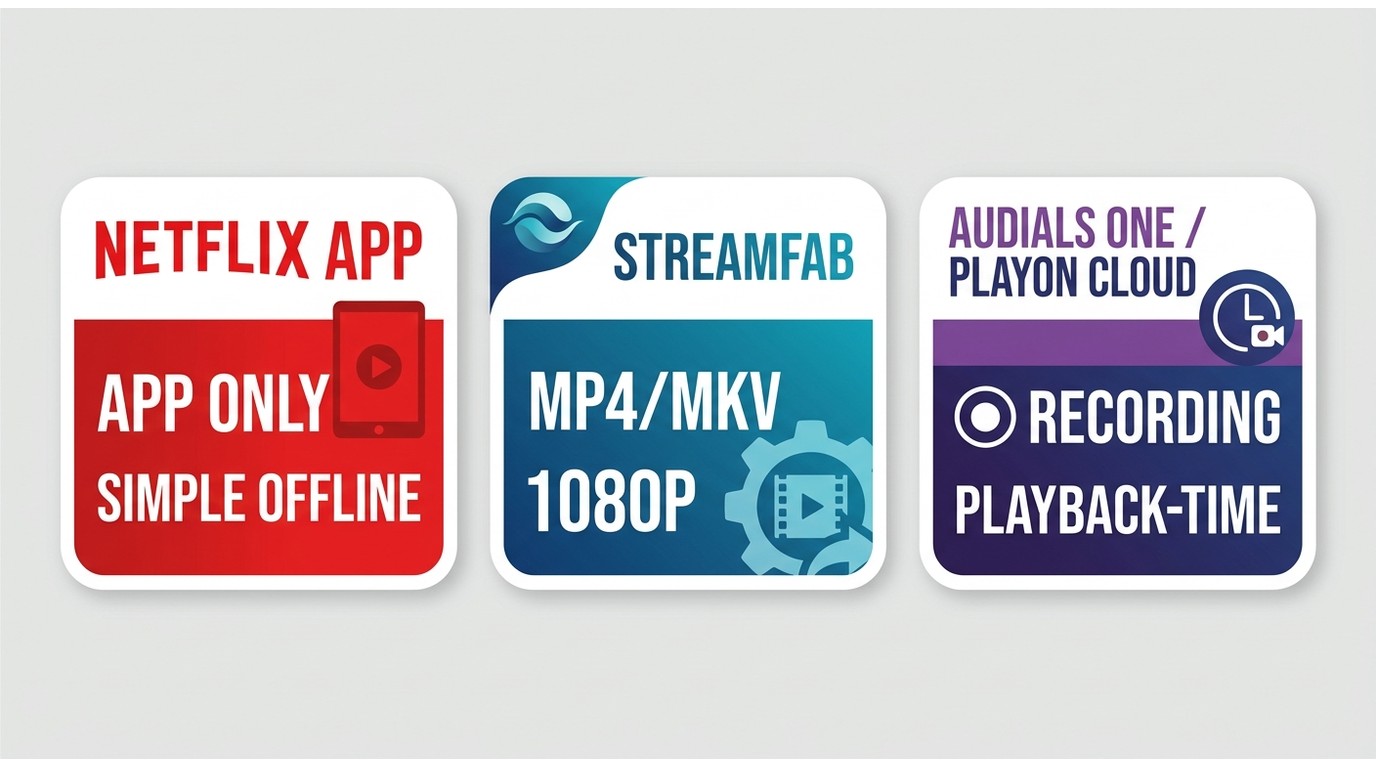 Comparison of Netflix app downloads, StreamFab local files, and recording options.