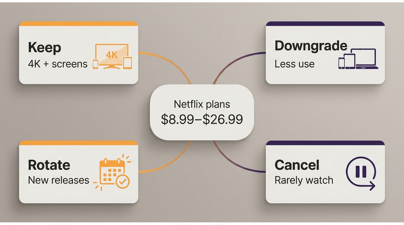根据 Netflix 使用频率、4K 和多屏需求选择保留、降档、轮换或取消
