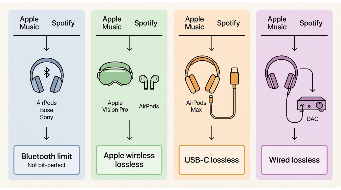 Apple Music and Spotify lossless limits across Bluetooth, Vision Pro, AirPods Max, and DAC paths
