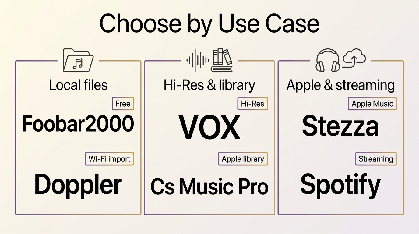 Comparison of iPhone MP3 apps by import method, formats, offline use, price, and iOS support