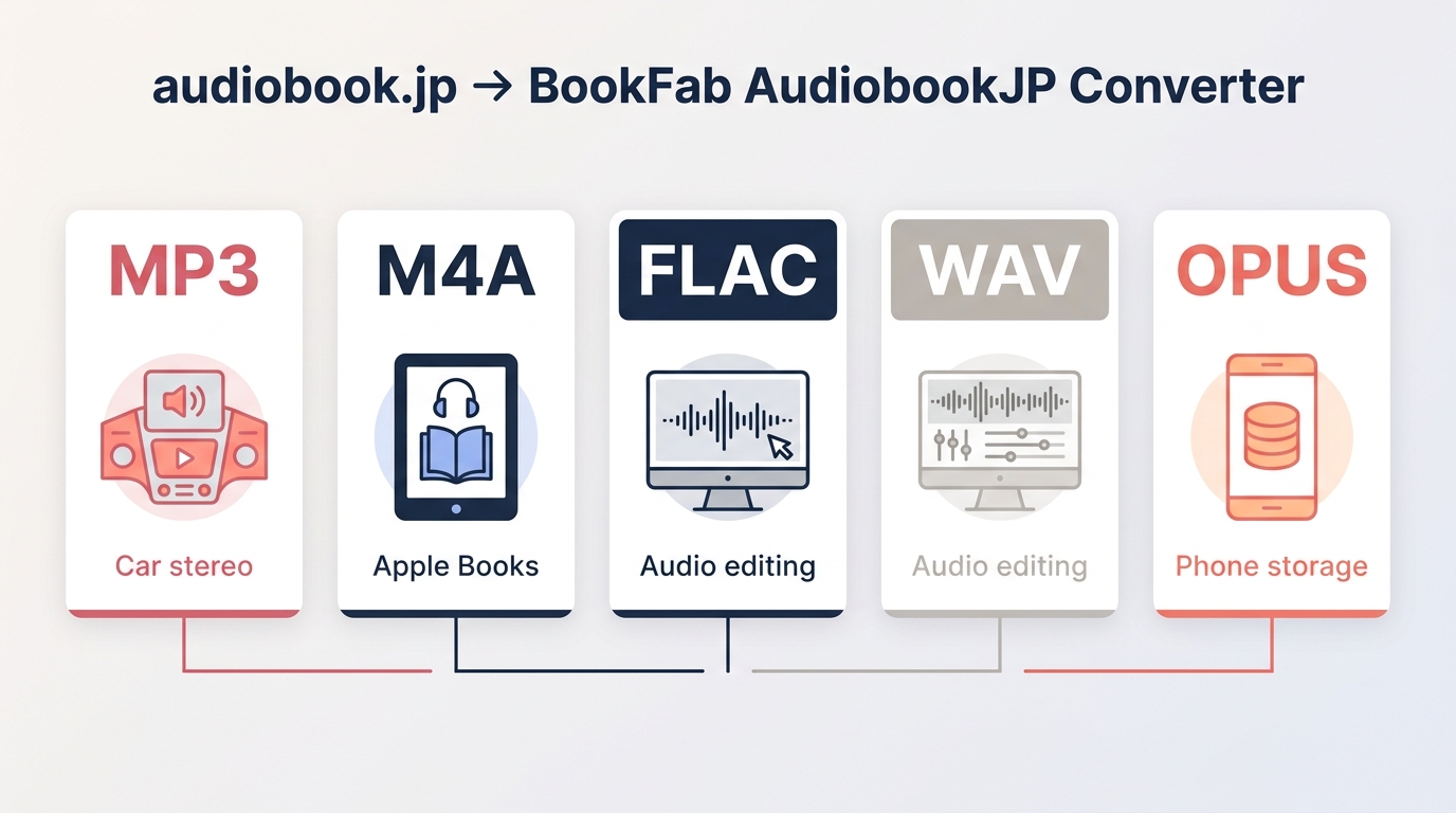 audiobook.jp format guide for MP3, M4A, FLAC, WAV, and OPUS playback uses