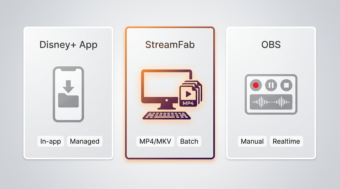 Comparison of Disney+ app downloads, StreamFab MP4 files, and OBS screen recording.