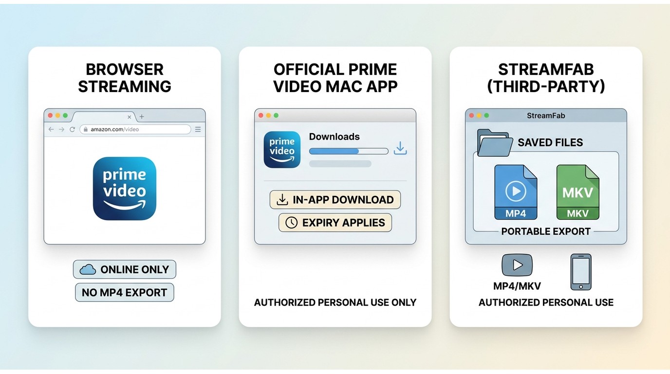 Amazon Prime Video browser, Mac app, and StreamFab comparison for offline access and file export