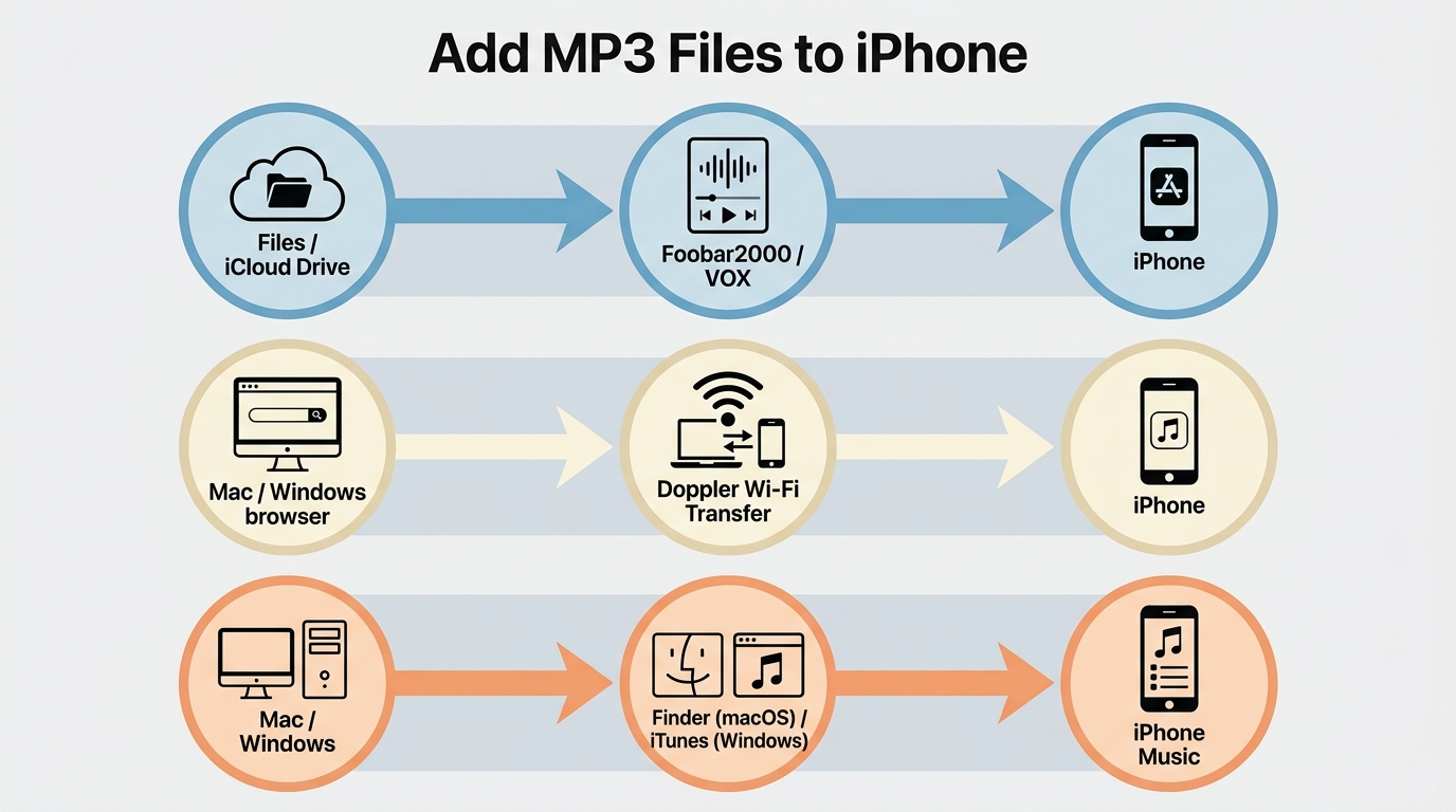 How Files, iCloud Drive, Doppler, Finder, and iTunes move MP3s to an iPhone