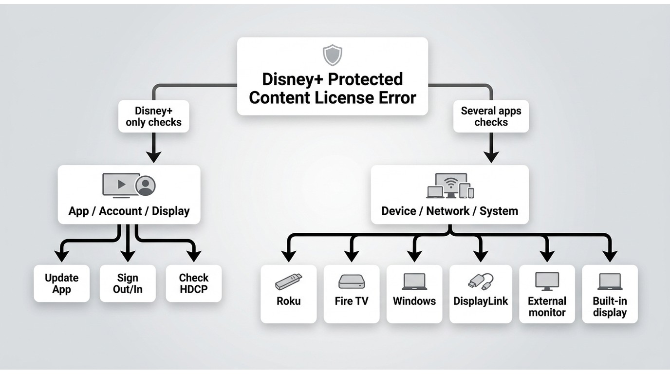 Decision flow for Disney+ errors across apps, devices, displays, and networks