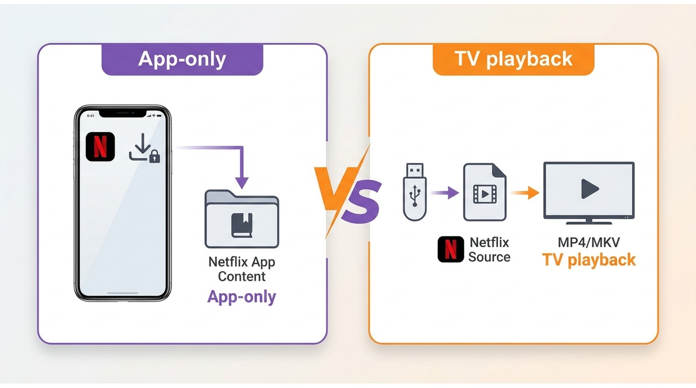 Netflix app downloads remain app-bound and differ from MP4 or MKV files on a USB drive.